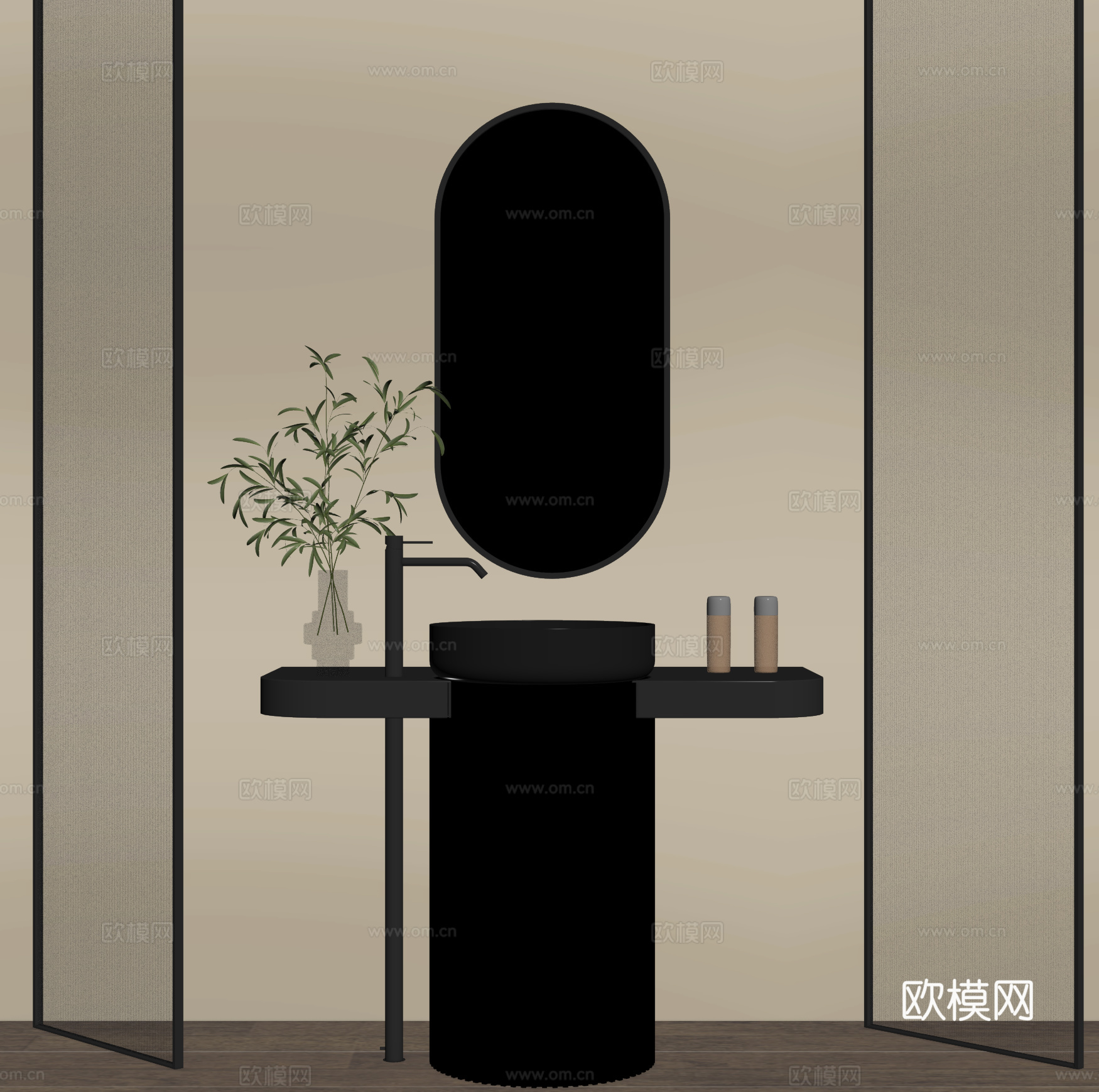 现代洗手台 立式洗手台 柱盆 镜子 水龙头su模型