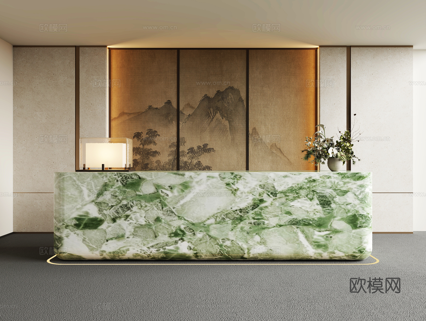 现代前台 接待台 前厅 背景墙 台灯 植物su模型