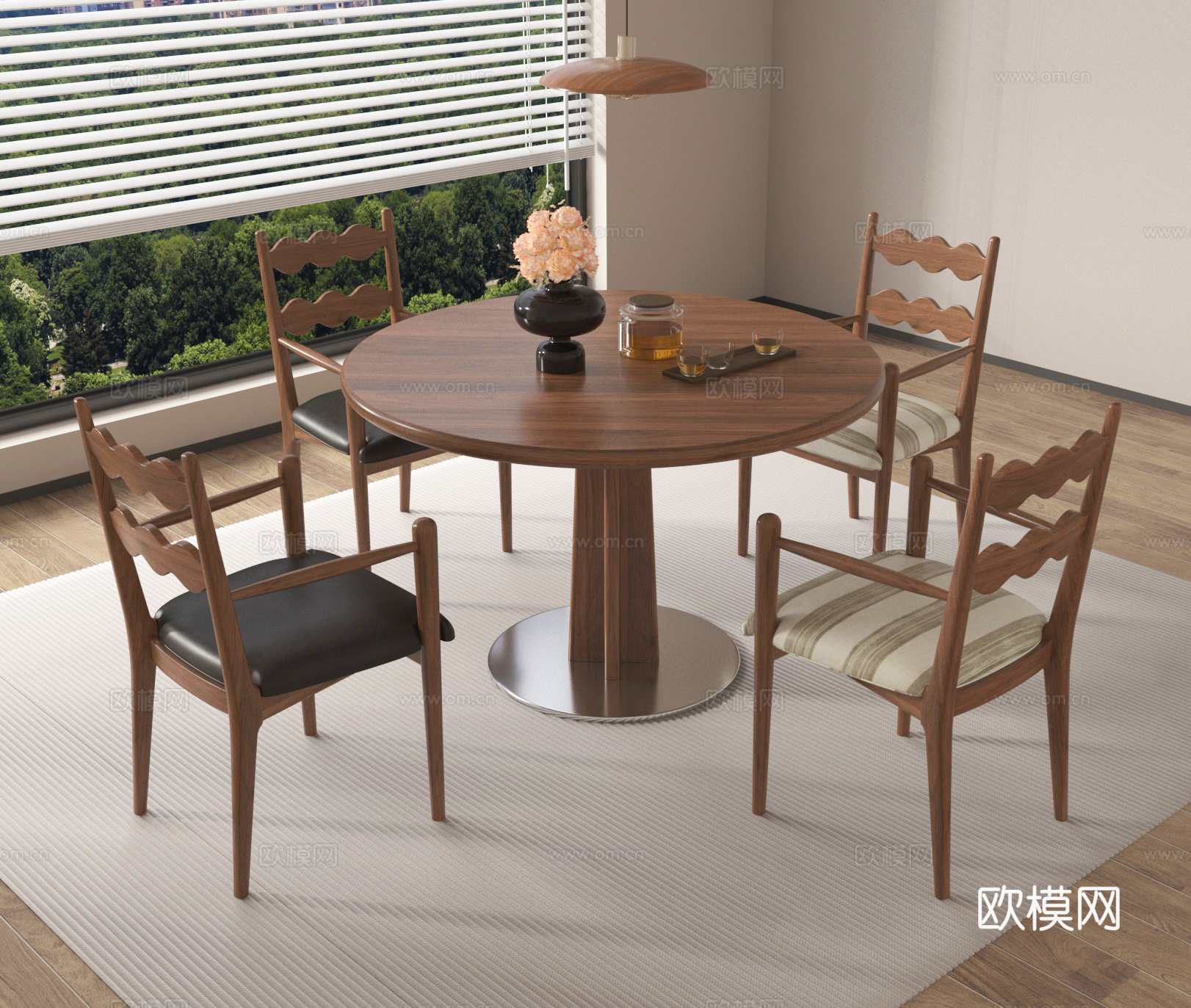 新中式餐桌椅组合 灯具su模型