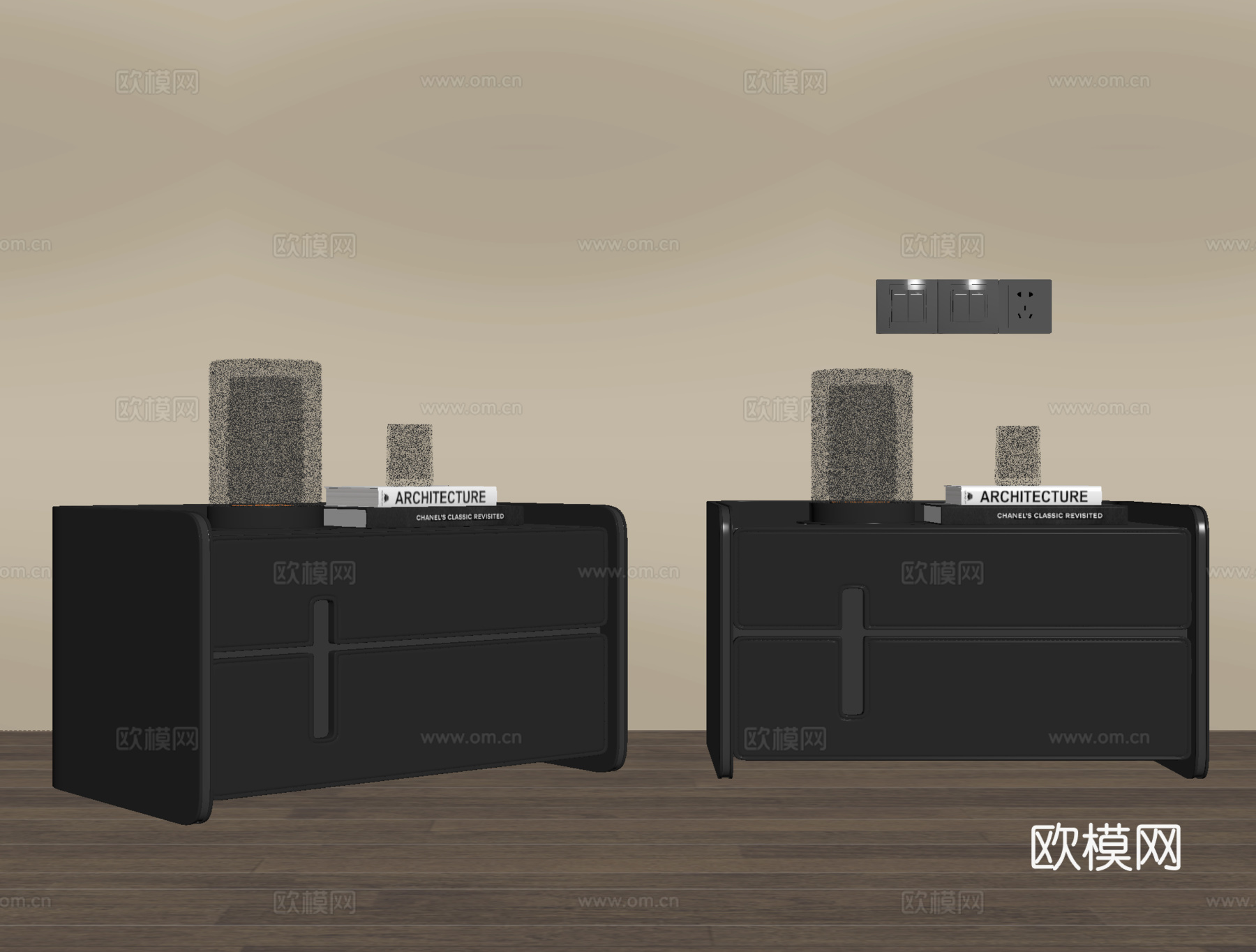 现代原木床头柜 方形床头柜su模型