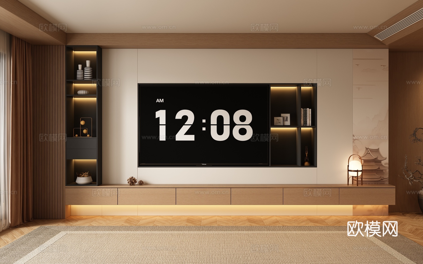 宋式新中式电视柜背景墙3d模型下载