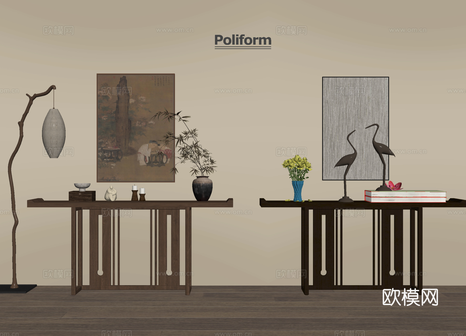 新中式条案 端景柜 落地灯 装饰画 摆件su模型