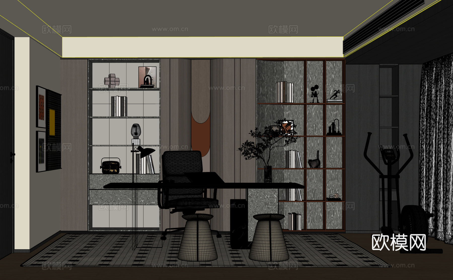 意式现代书房 书桌椅 书柜 装饰画 动感单车su模型