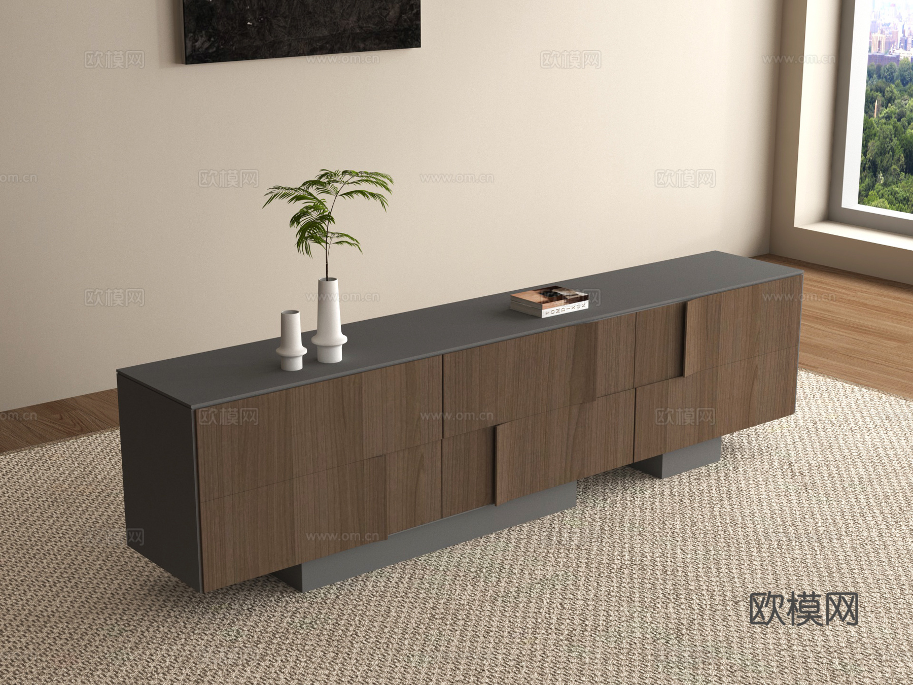 现代电视柜 装饰柜 木材 矮柜su模型