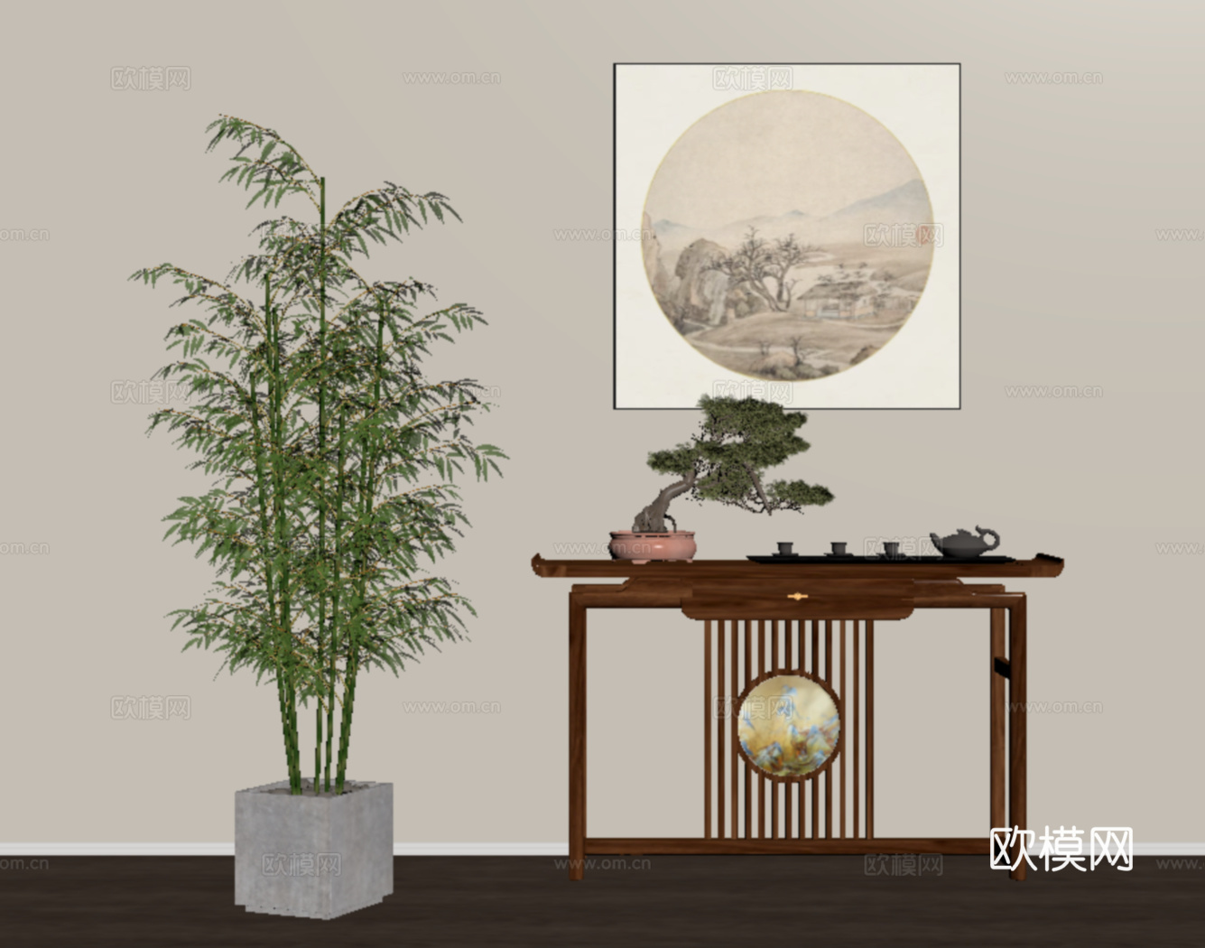 新中式端景条案 玄关桌 端景柜 挂画 盆栽绿植su模型