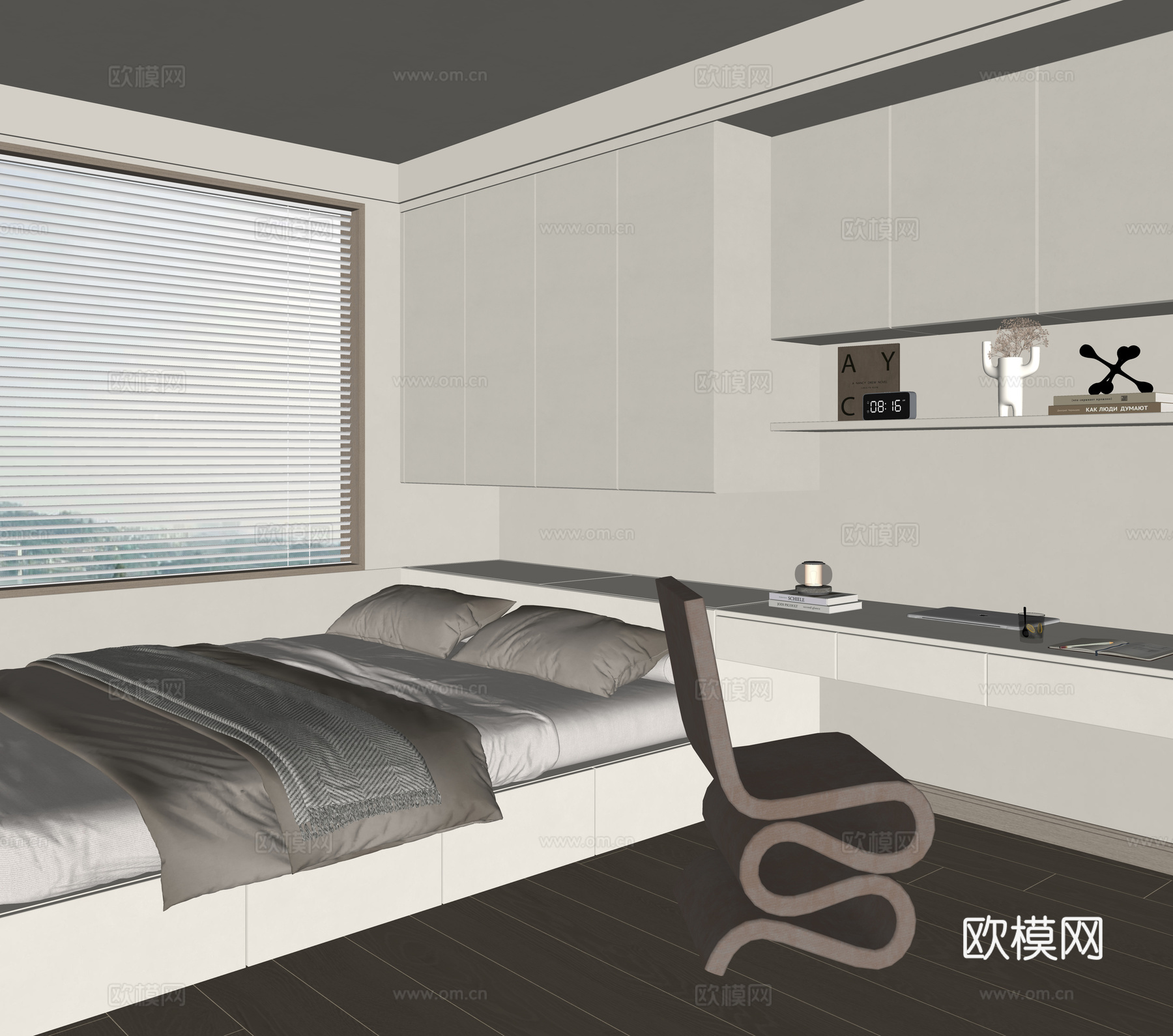 现代简约榻榻米卧室 书桌椅 摆件su模型