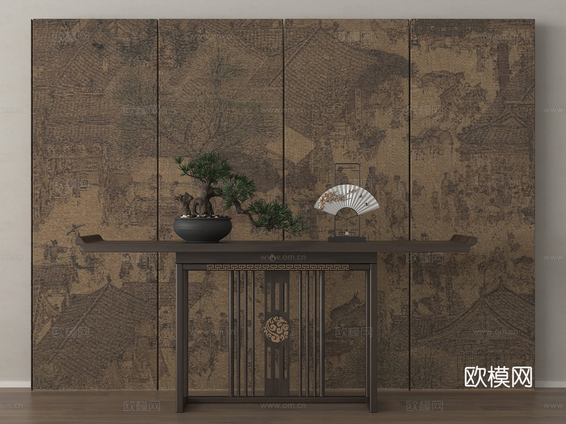 新中式玄关端景台 端景条案su模型