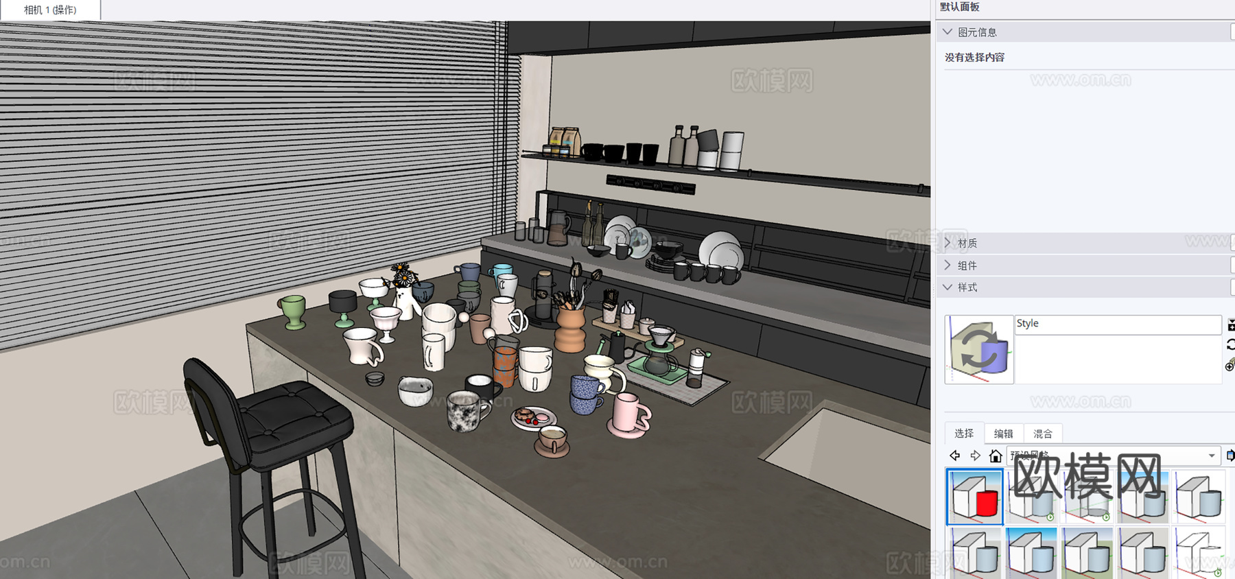 现代厨房杯具 开放式置物架厨房 多材质杯具su模型