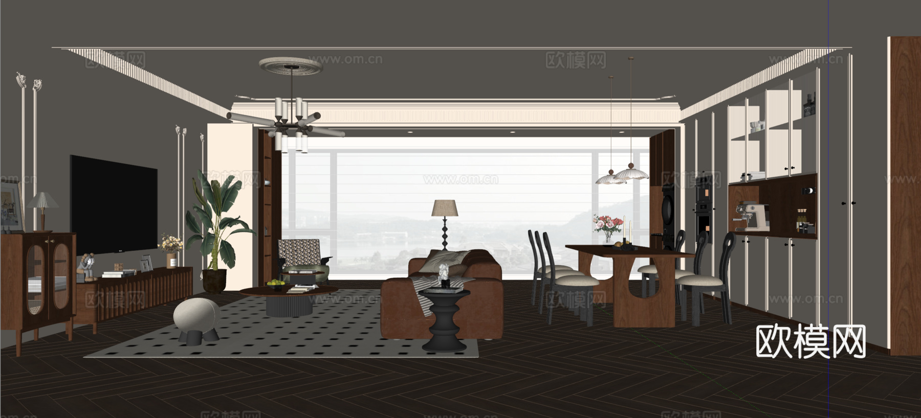 法式中古风客餐厅 沙发茶几 餐桌椅 电视背景墙 餐边柜su模型