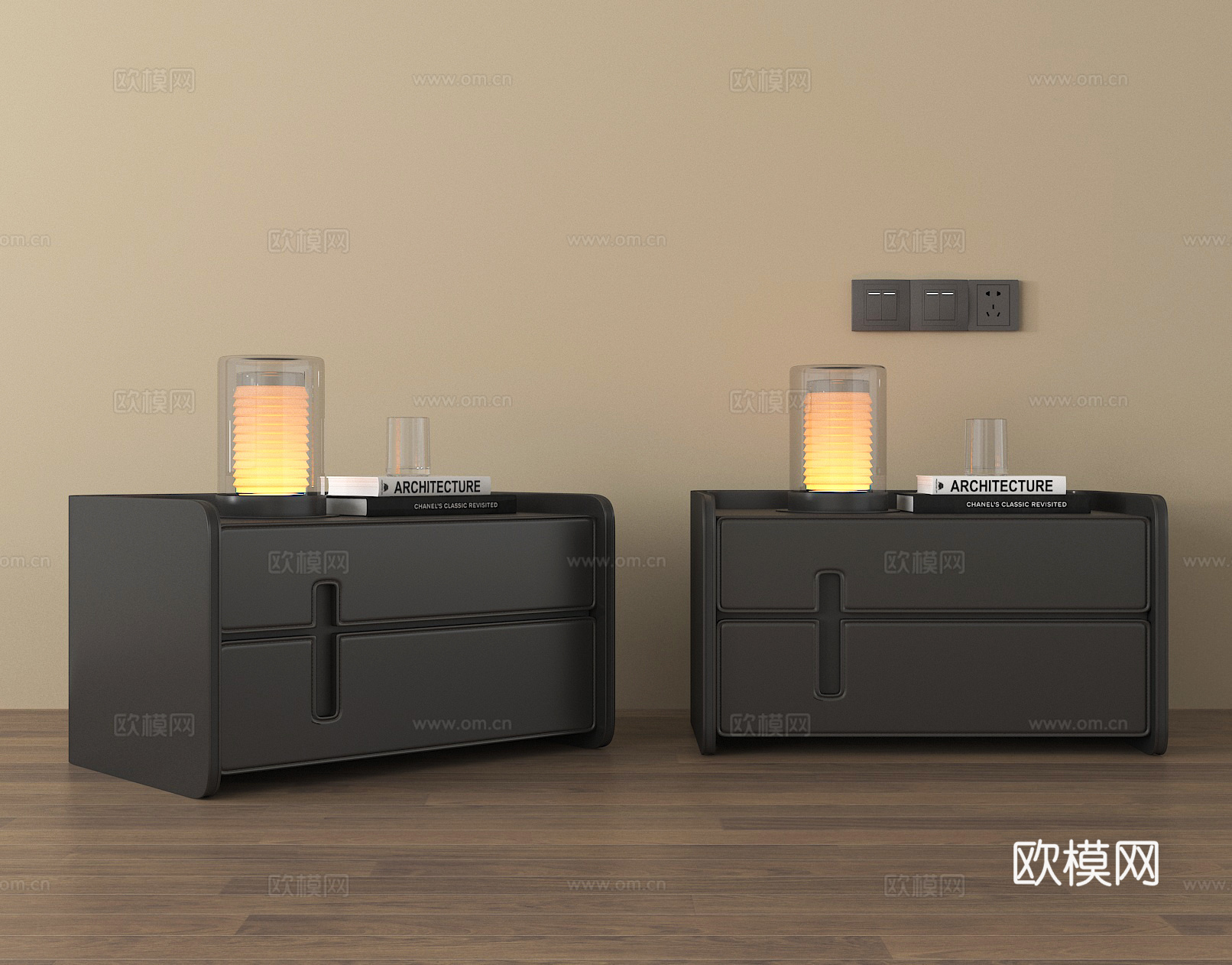 现代原木床头柜 方形床头柜su模型