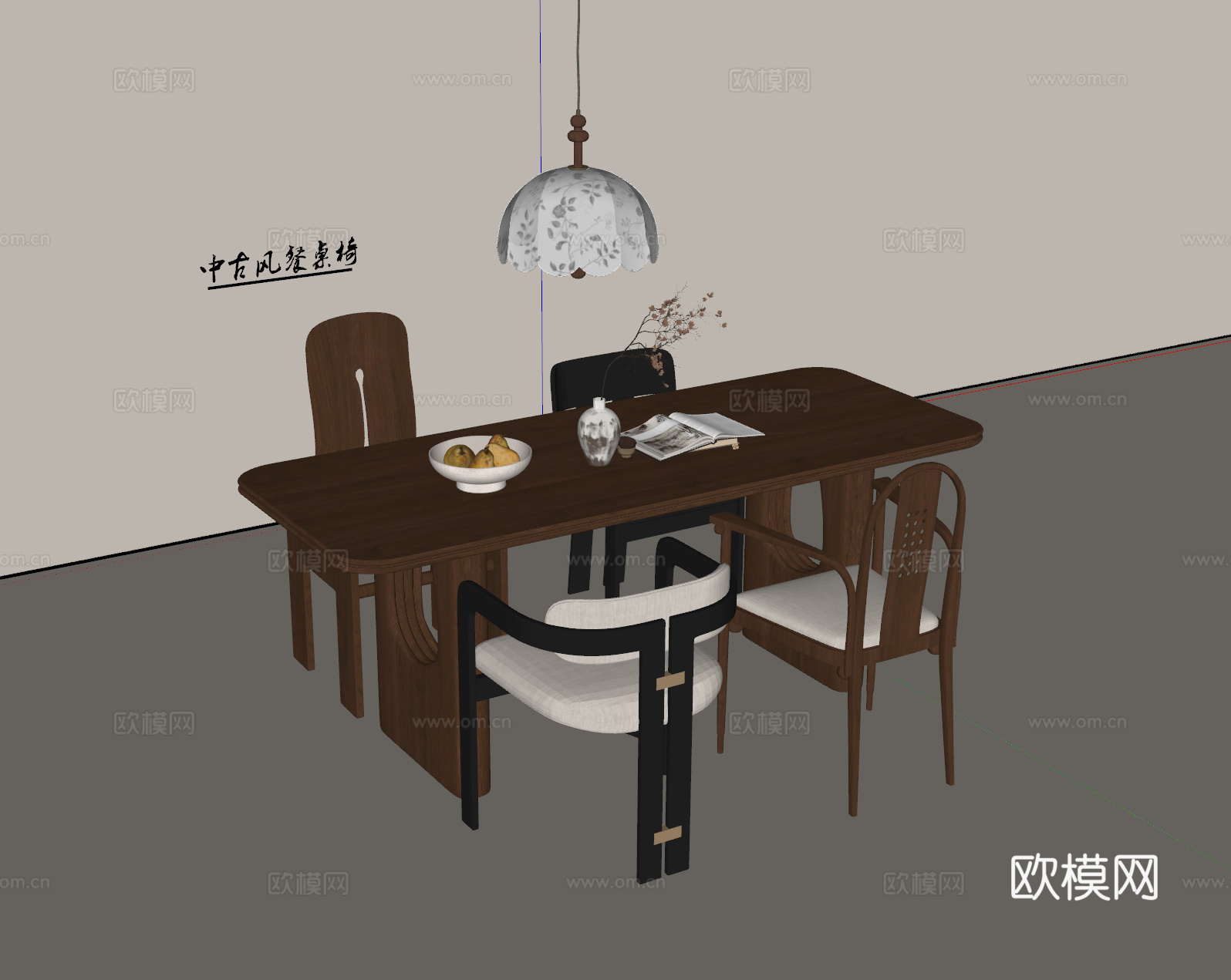 中古风餐桌椅 餐椅 吊灯su模型