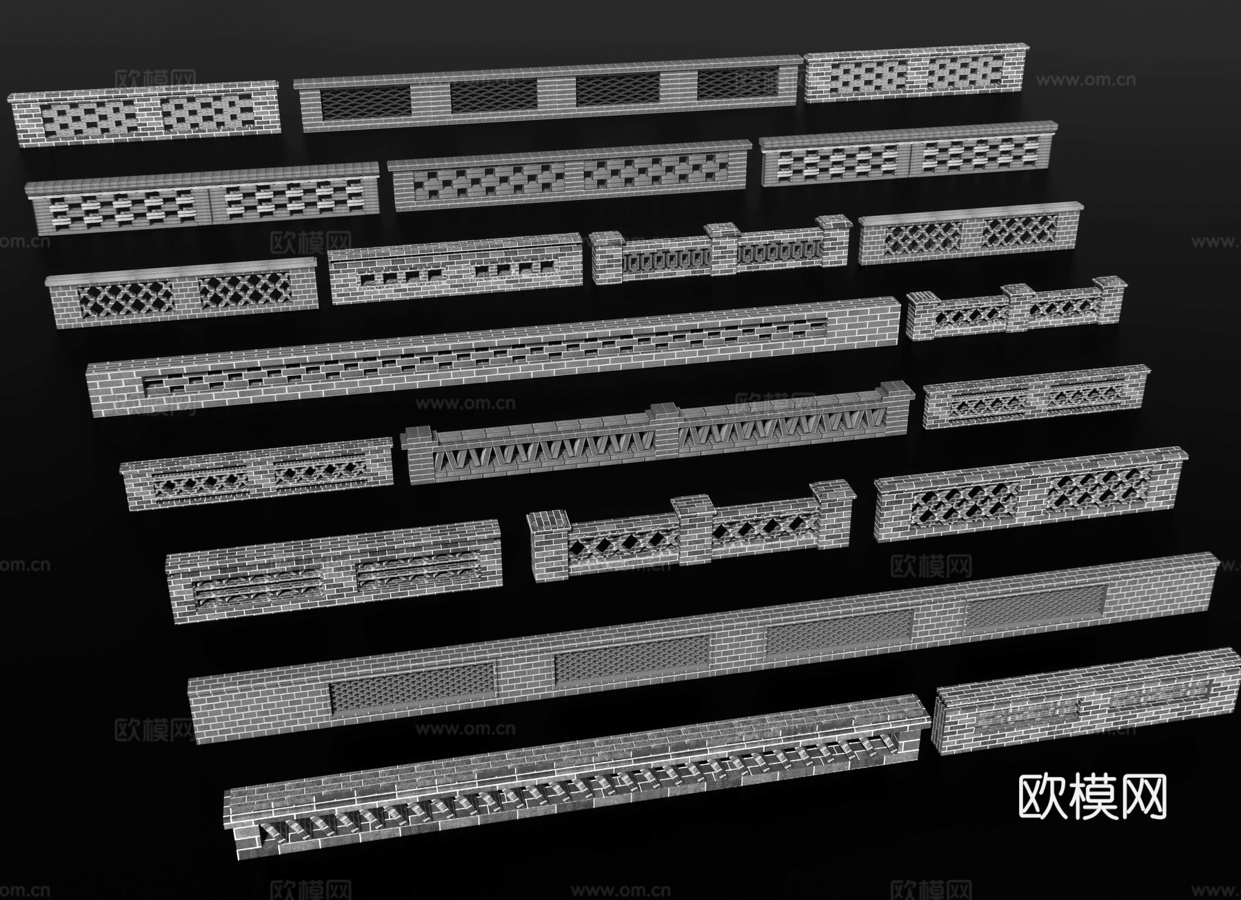 新中式花池景墙 镂空花墙 乡村矮墙 青砖墙景墙 乡村景墙3d模型下载