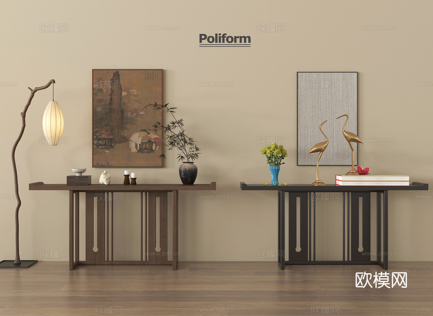 新中式条案 端景柜 落地灯 装饰画 摆件su模型