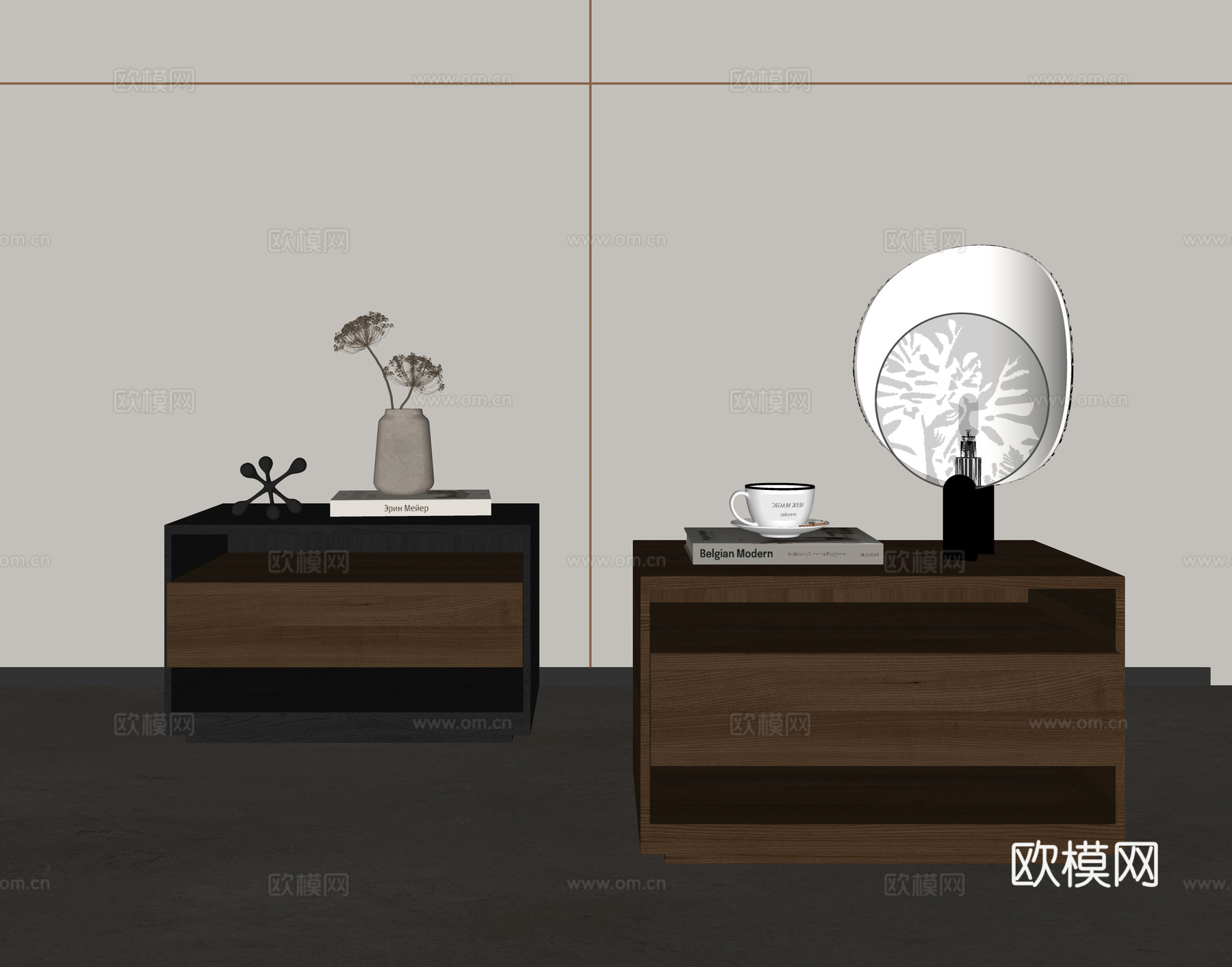 中古复古床头柜 实木 摆件 台灯su模型