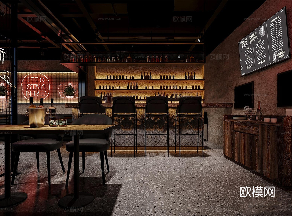 工业风酒吧 吧台凳 餐桌椅组合su模型