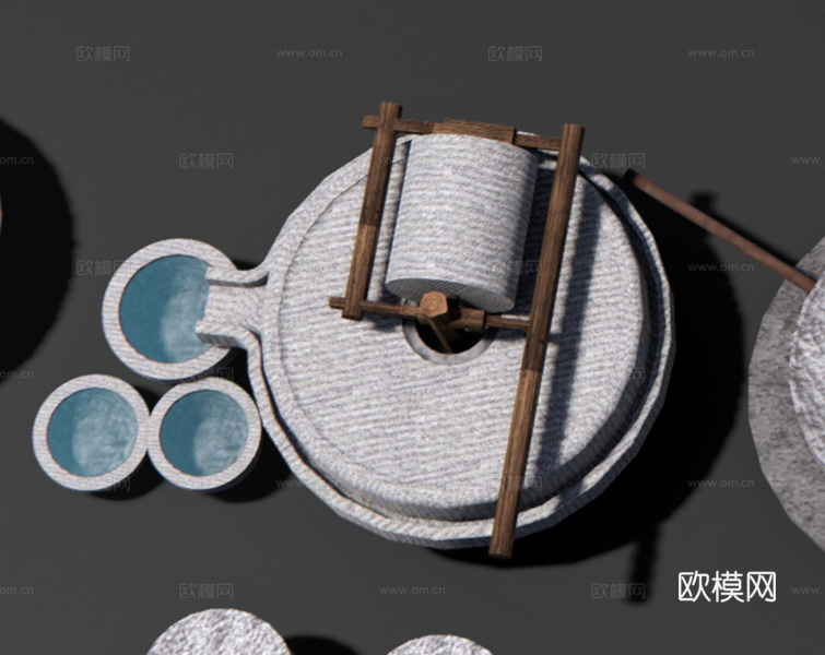 中式磨盘 石磨 石碾 水磨 石槽老物件 石头流水水景su模型