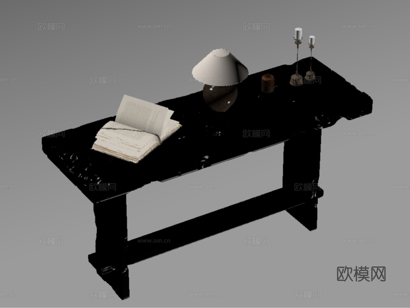 中式书桌 台灯 书籍摆件su模型