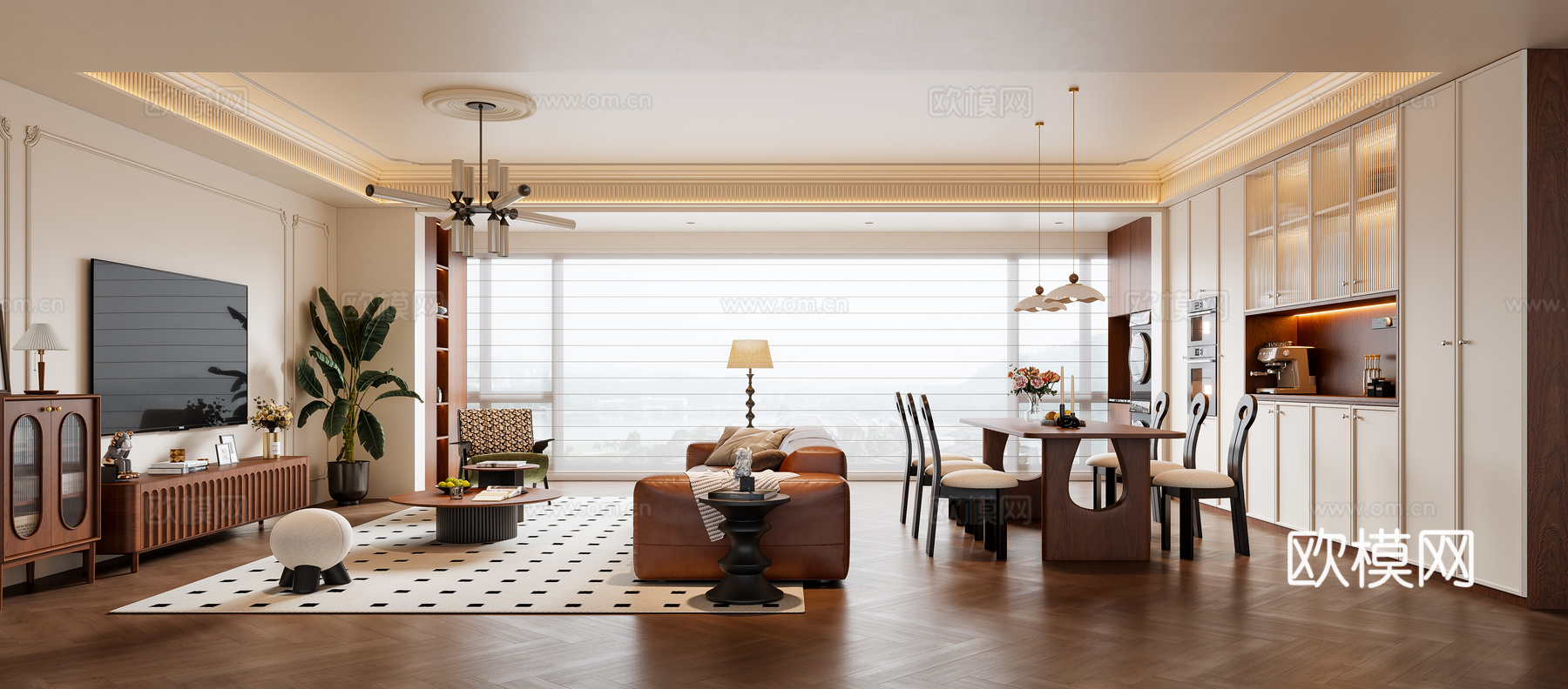 法式中古风客餐厅 沙发茶几 餐桌椅 电视背景墙 餐边柜su模型