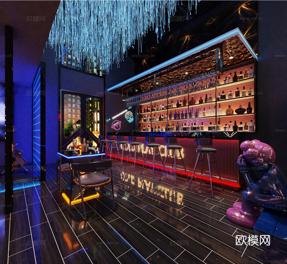 现代风格酒吧 吧台椅组合 酒柜su模型