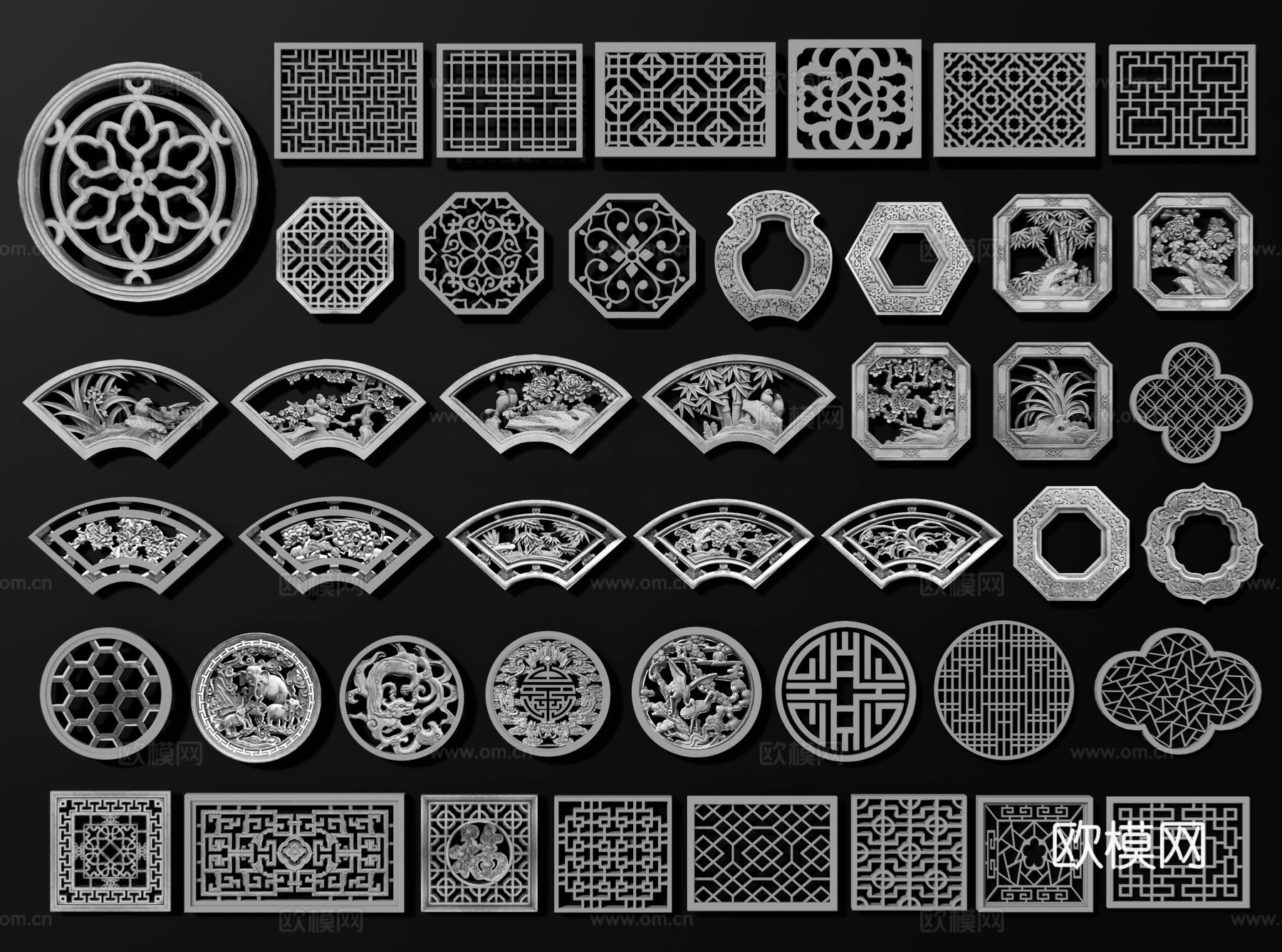 中式镂花窗 仿古窗花 漏窗 砖雕窗花窗户 镂空窗格 雕花窗子3d模型下载