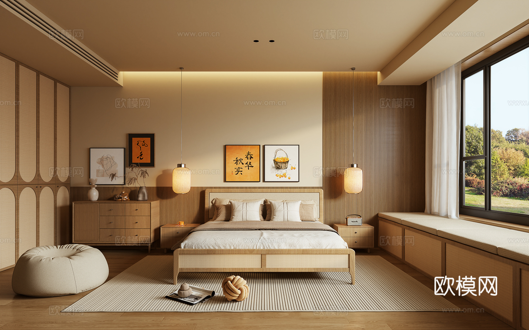 卧室 主卧 双人床 衣柜 懒人沙发 灯笼3d模型下载