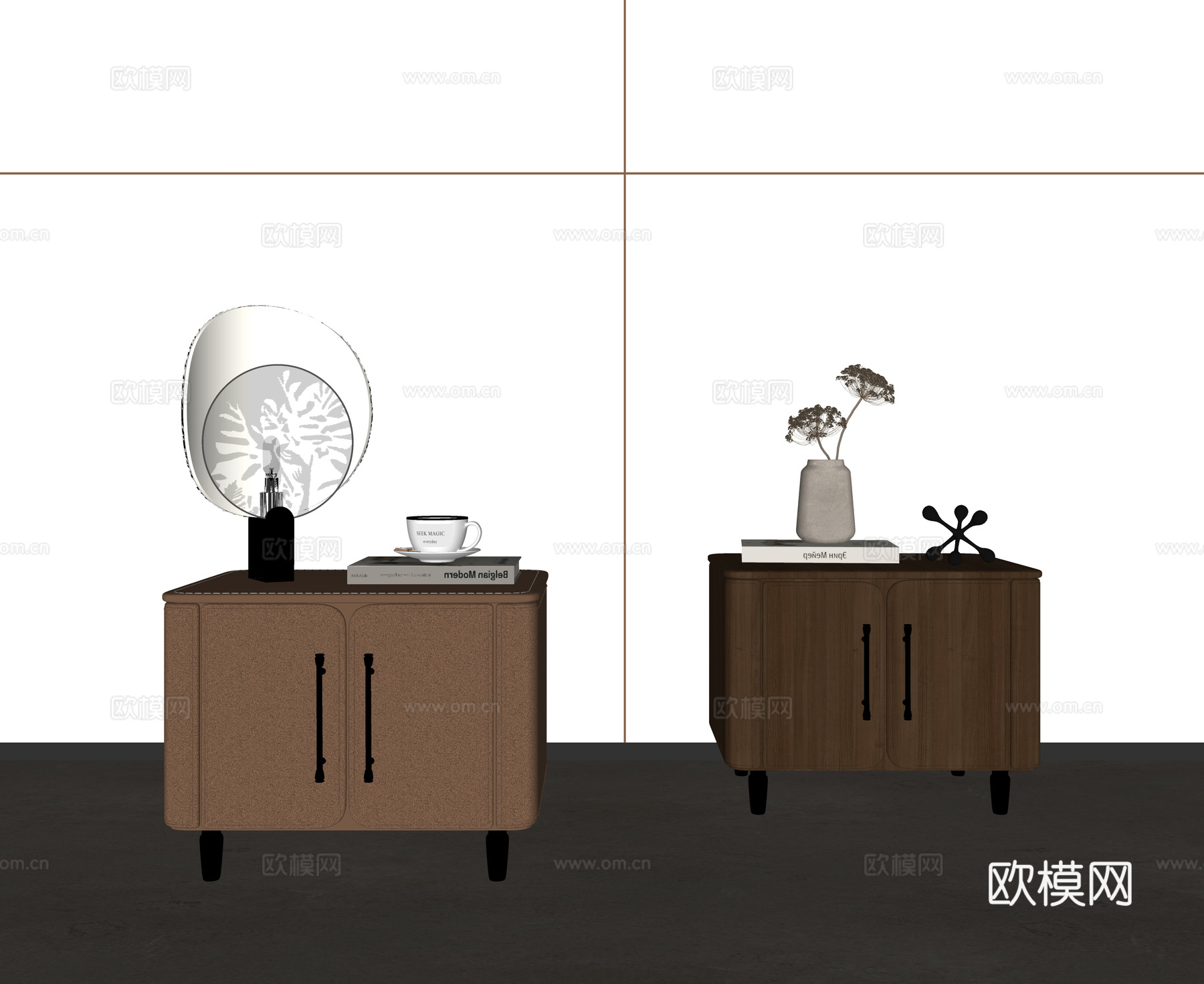 复古中古床头柜 方形 摆件 台灯su模型