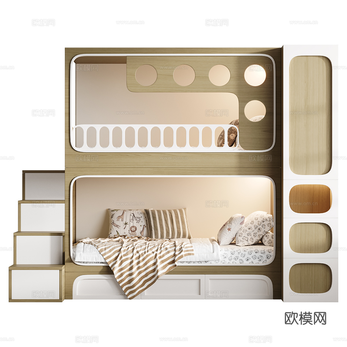 现代奶油风儿童双层床3d模型下载（渲染图2）