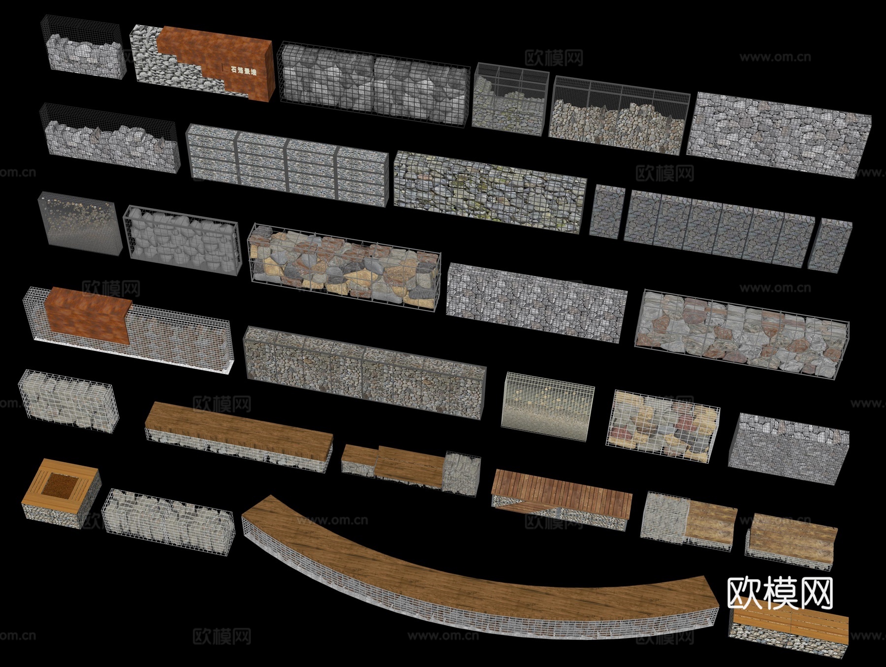 现代石笼景墙 石笼网墙 铁网石笼 工业风石墙 铁丝网墙石头墙su模型