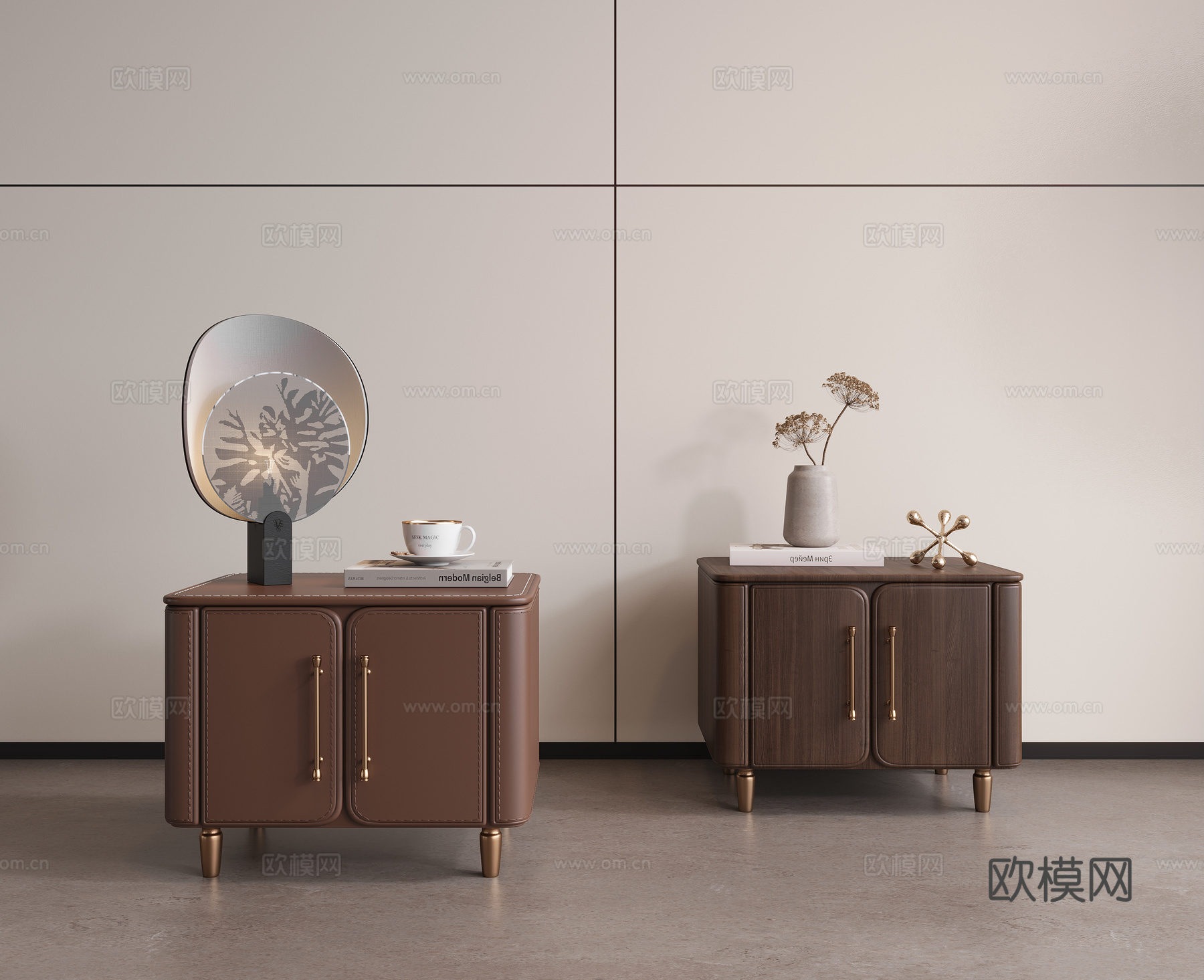 复古中古床头柜 方形 摆件 台灯su模型