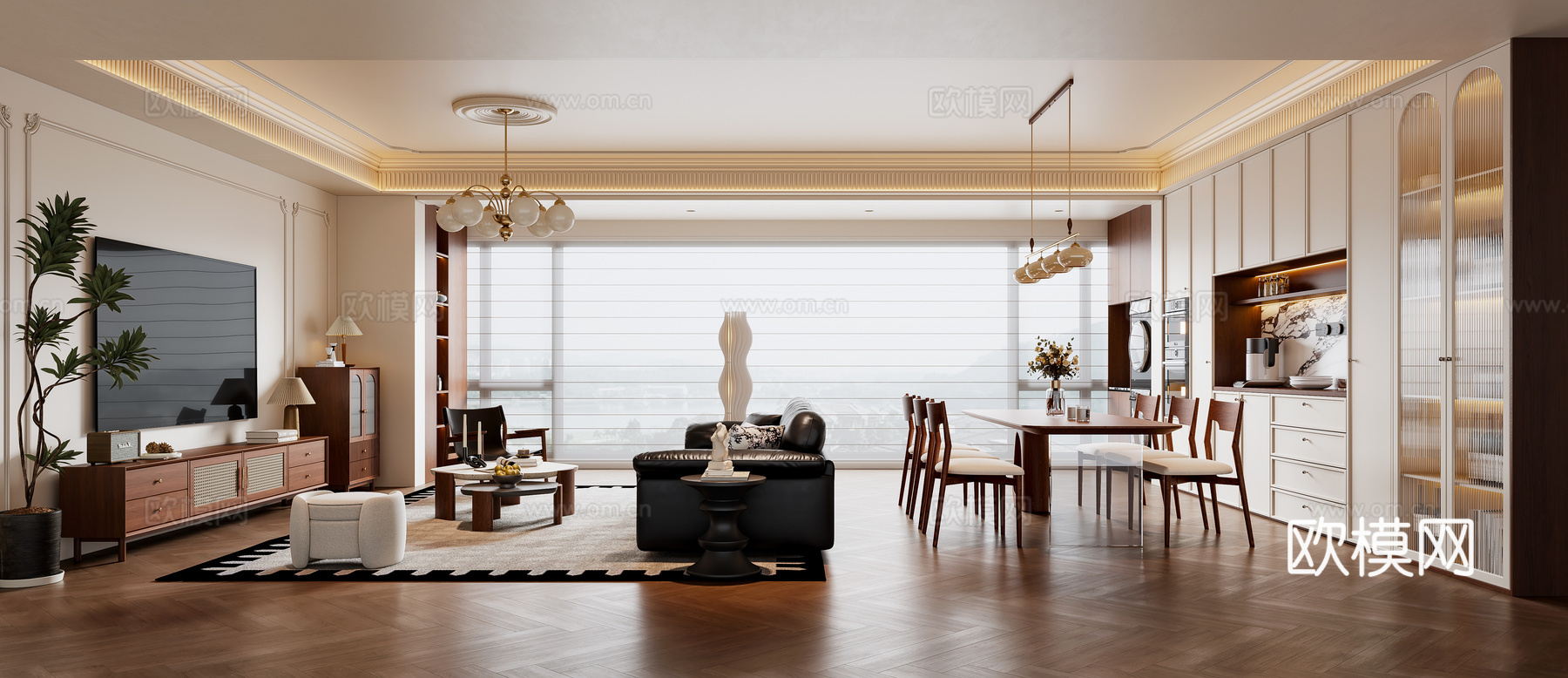 法式中古风客餐厅 沙发茶几 餐桌椅 电视背景墙 餐边柜su模型