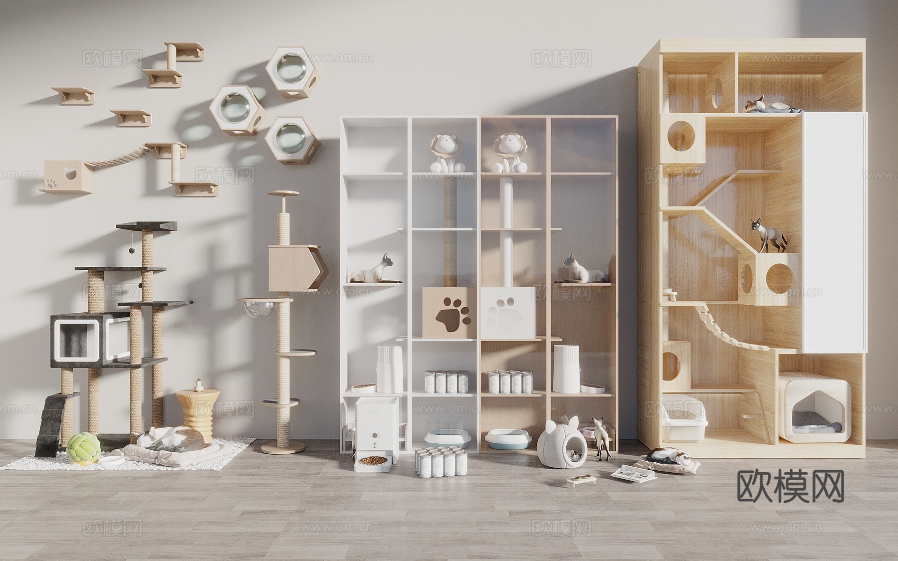 现代原木风猫爬架 宠物用品组合 猫窝3d模型下载