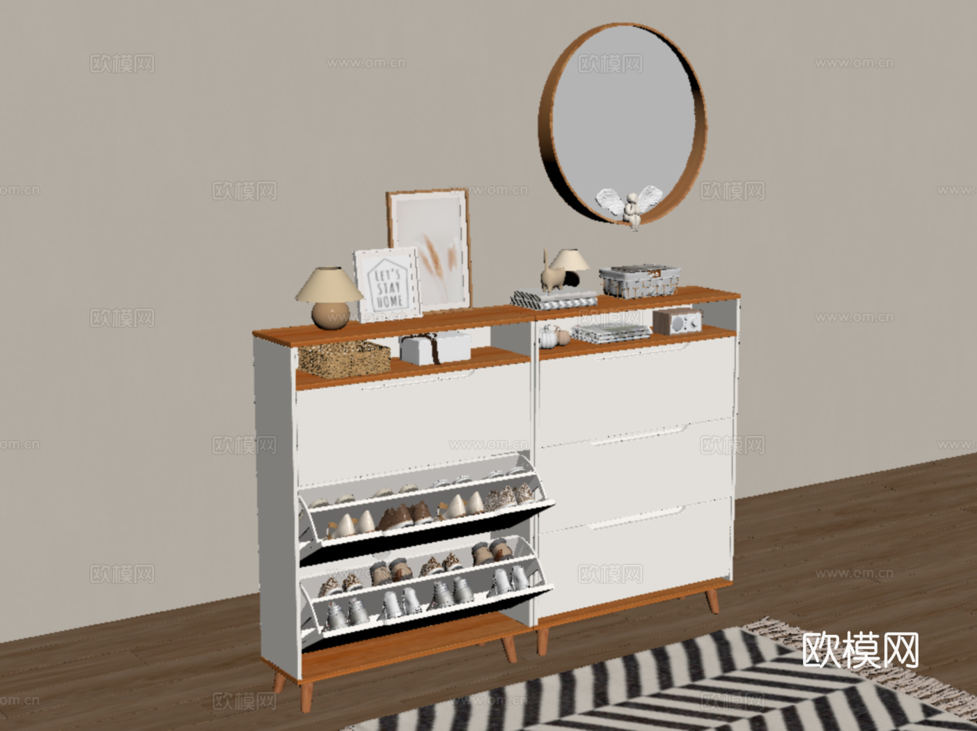 北欧实木半高鞋柜 地柜式玄关矮柜 边柜su模型