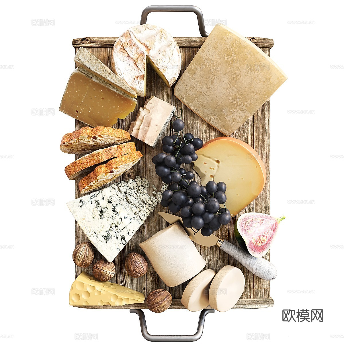现代侘寂坚果、葡萄奶酪盘3d模型下载（渲染图1）