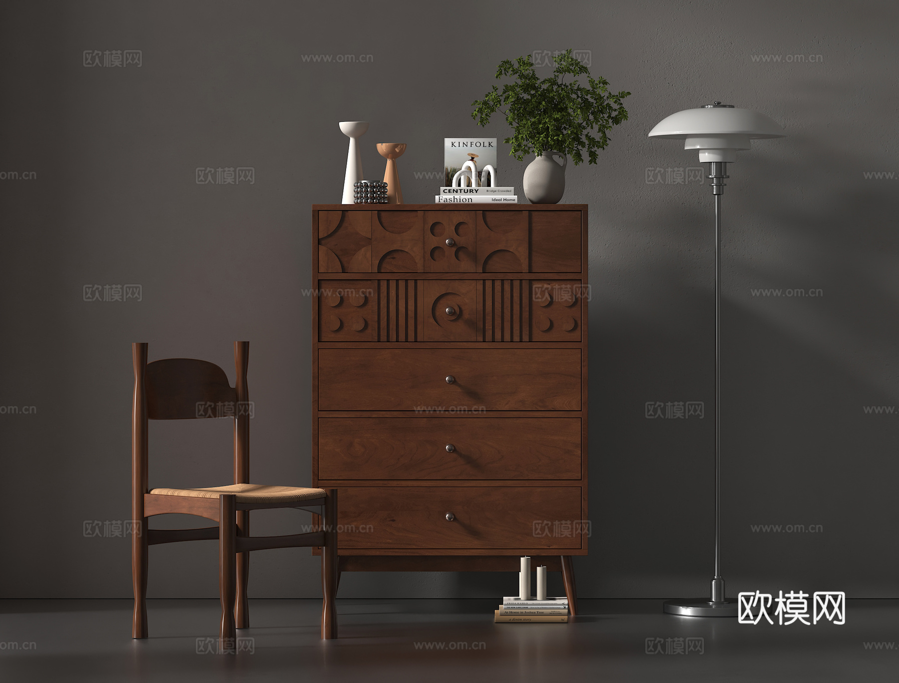 中古风玄关柜  边柜 摆件 落地灯 休闲椅su模型