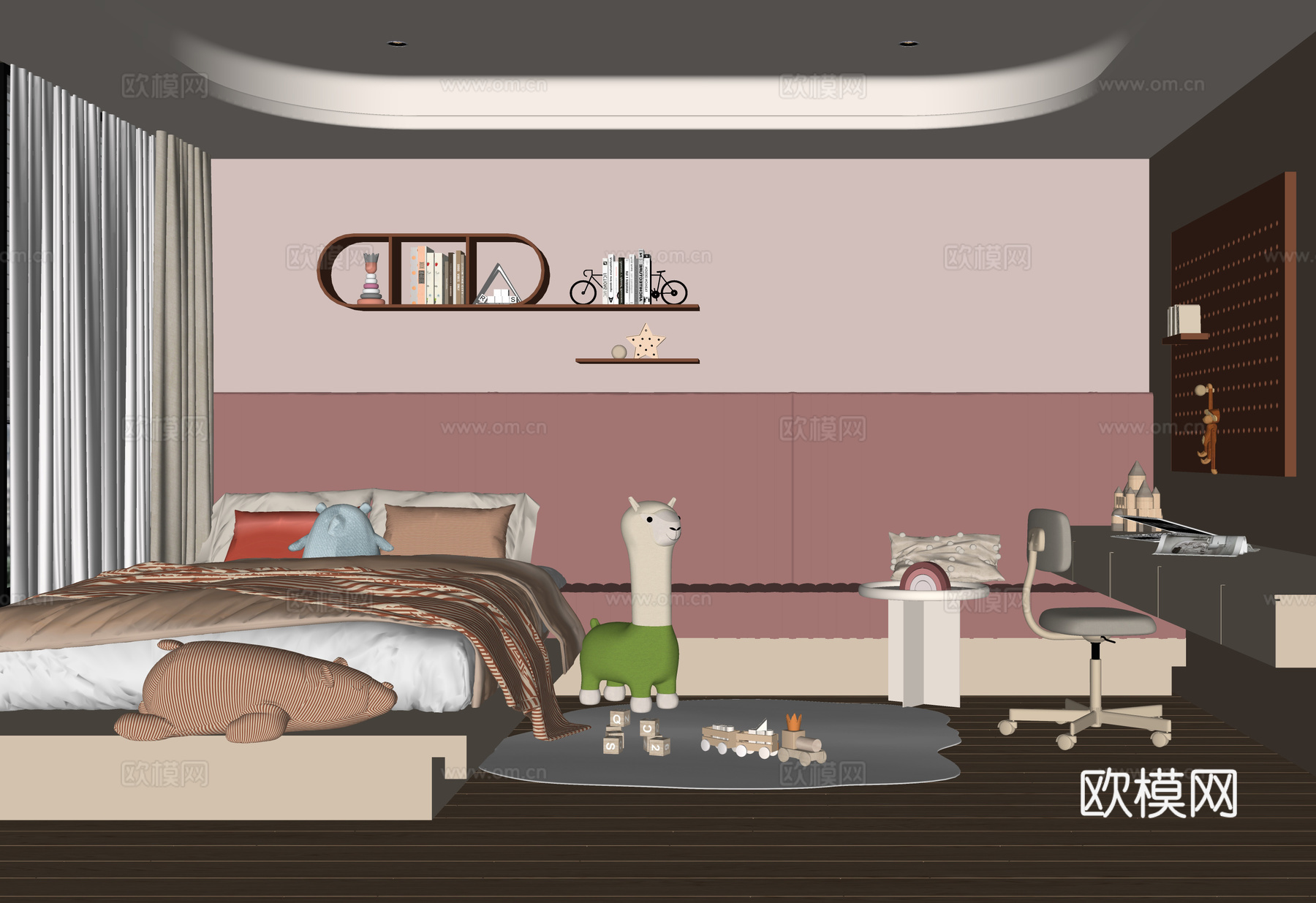 现代儿童房 女儿房 儿童床su模型