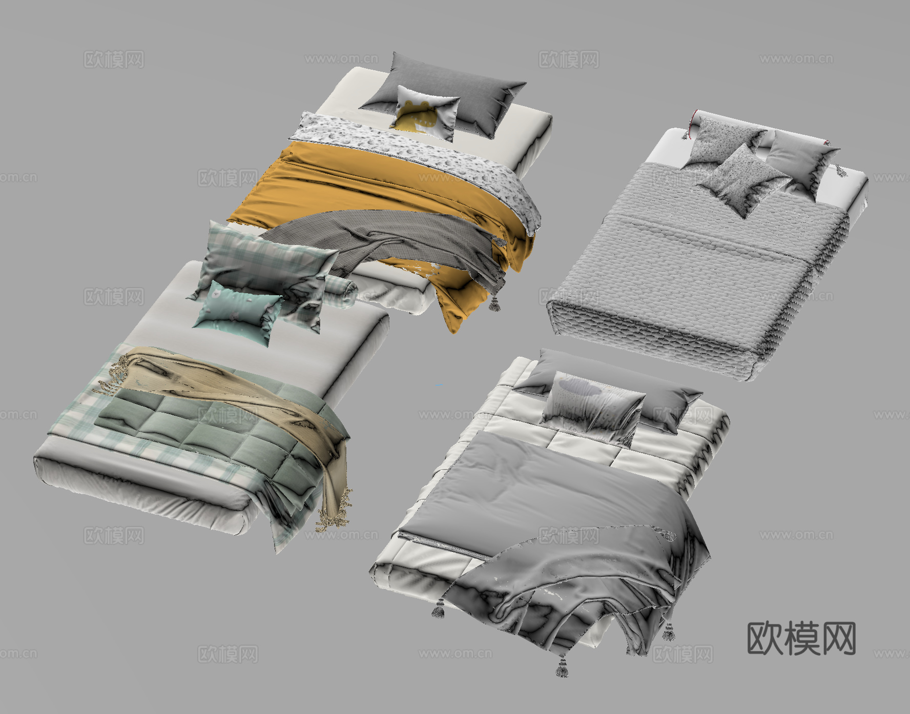 现代极简榻榻米床 厚床垫 床品 床具 单人床su模型