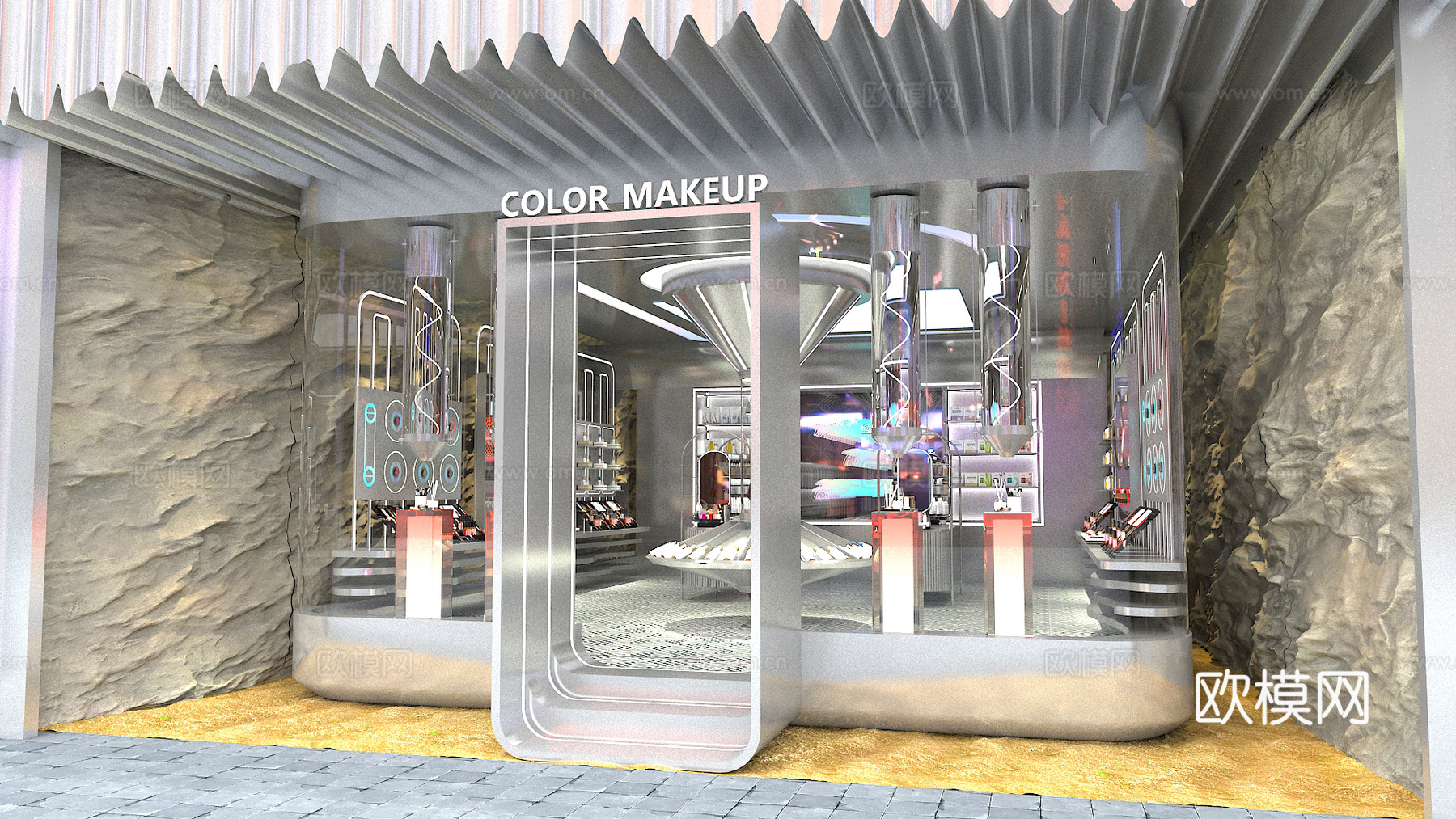化妆品店美妆店科技金属彩妆店门头3d模型下载（渲染图3）