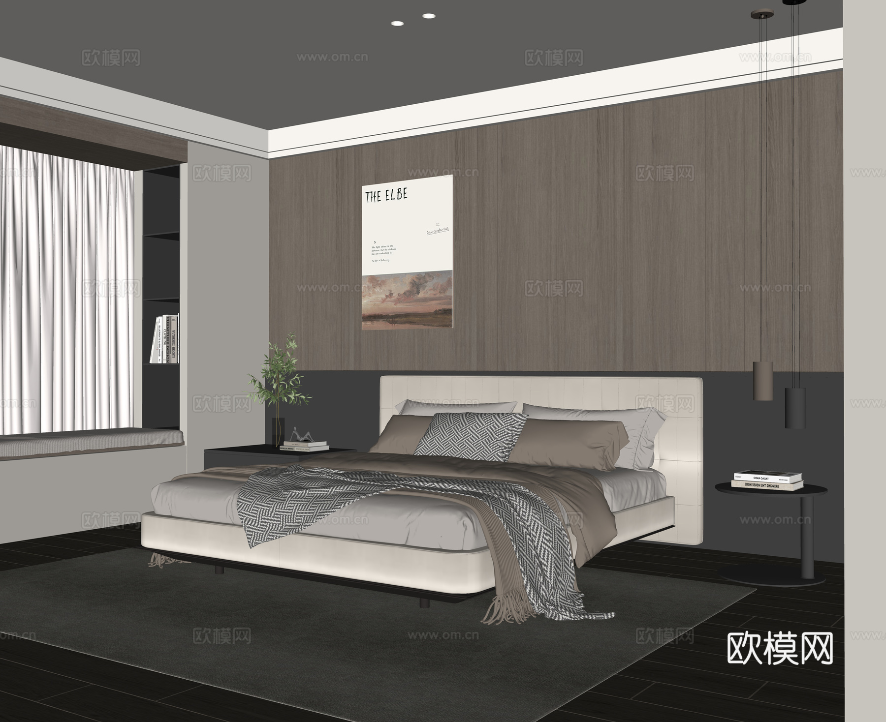 现代极简家居卧室 无主灯 双人床 装饰画 吊灯su模型