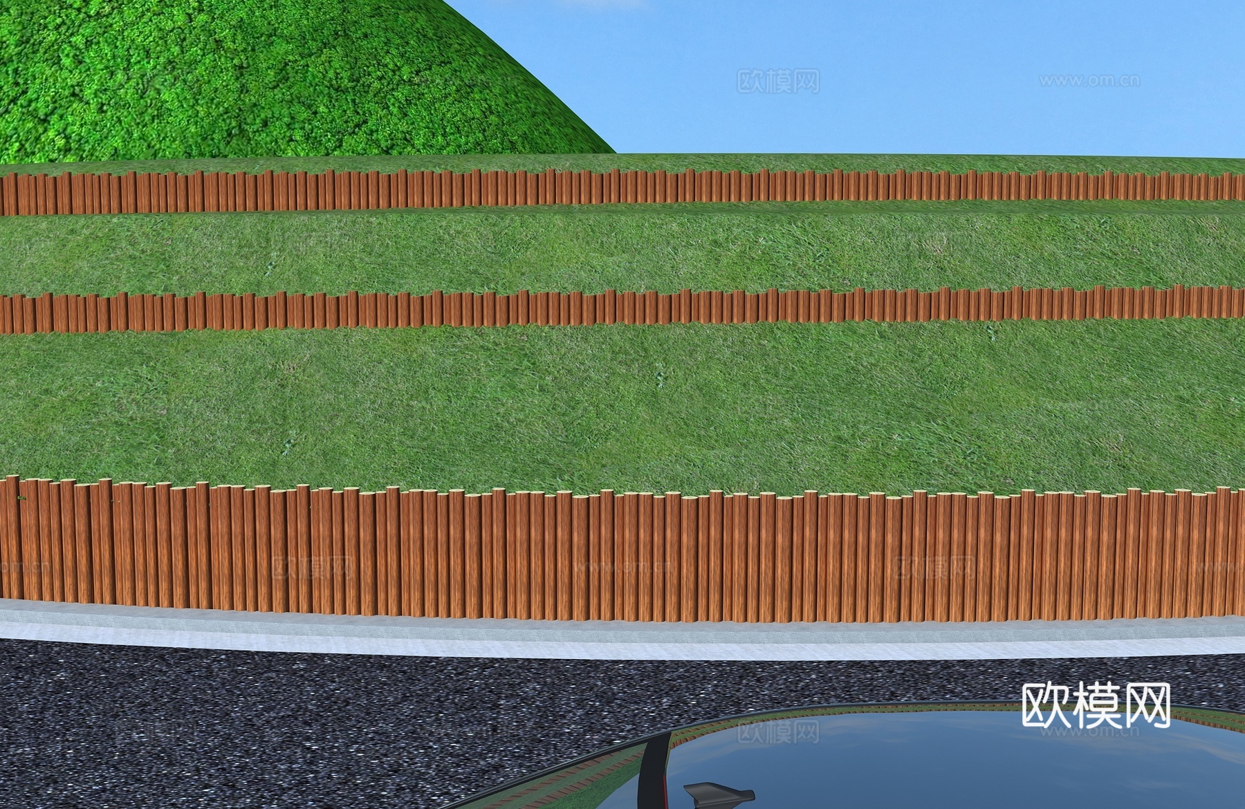 山区道路  护坡  单排木排桩栅栏3d模型下载（渲染图2）