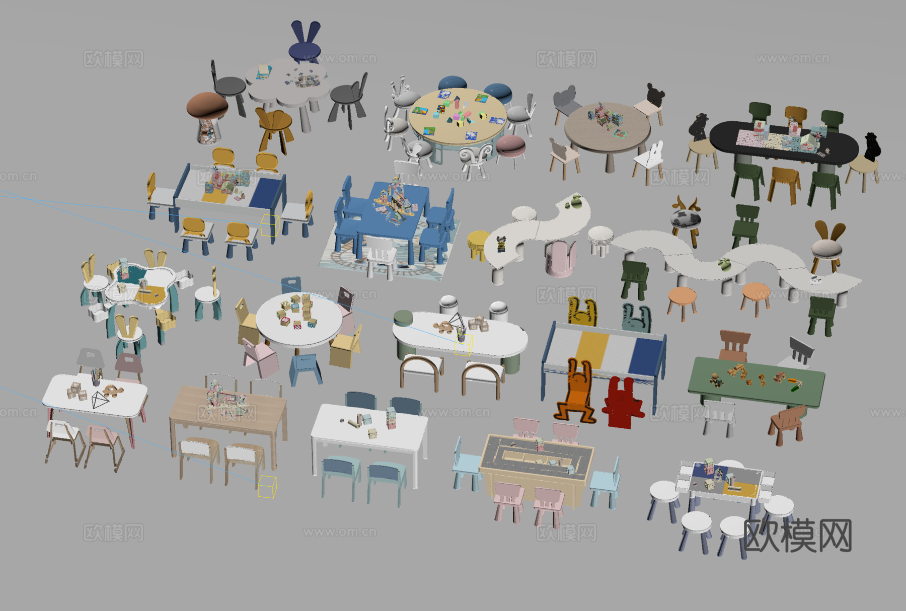 现代儿童桌椅 儿童桌椅组合 积木玩具桌su模型