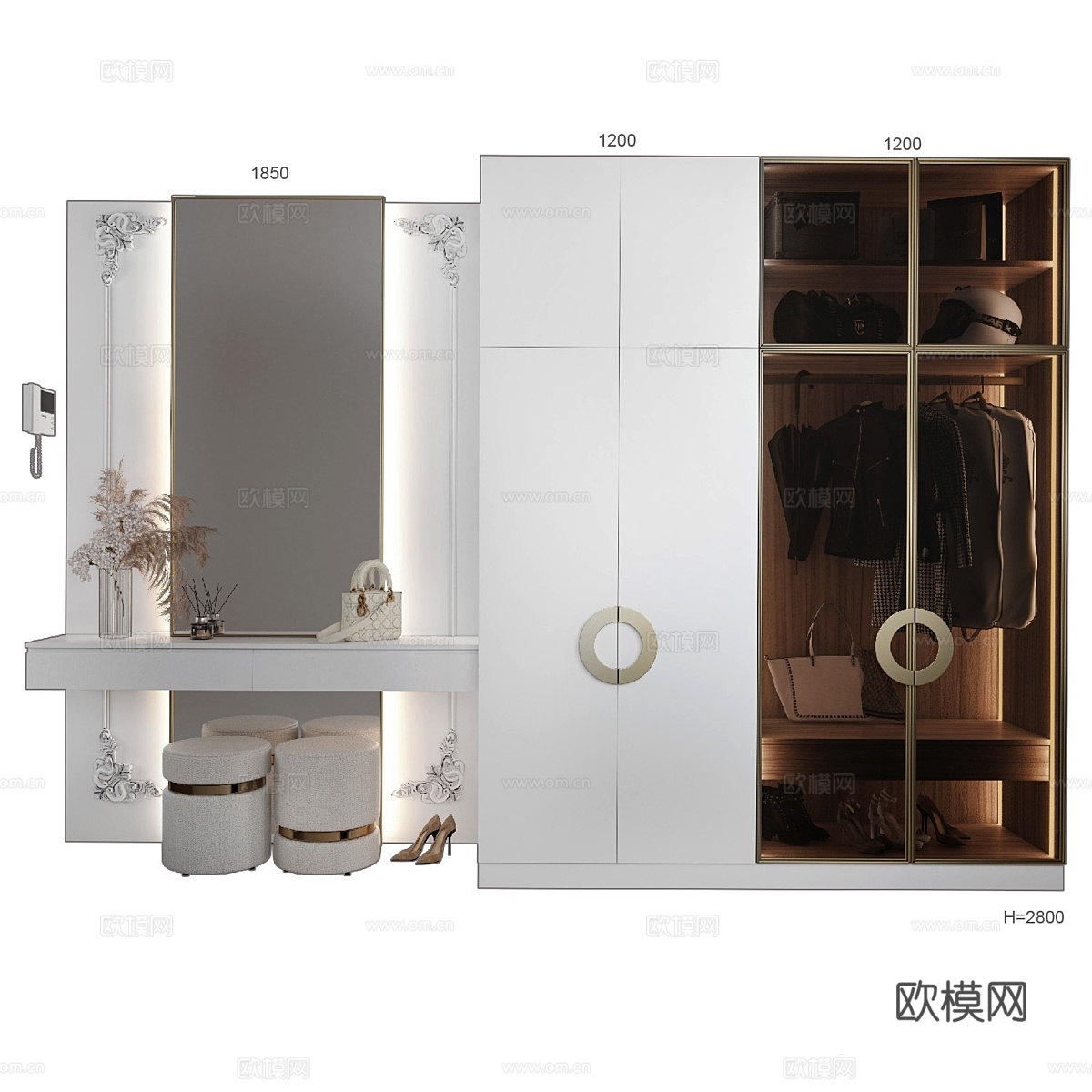 走廊构图 衣柜 新古典梳妆台一体3d模型下载