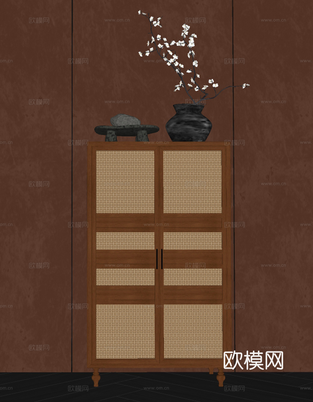 中古风玄关柜 中古风斗柜 中古风边柜 花瓶花艺摆件 木地板su模型