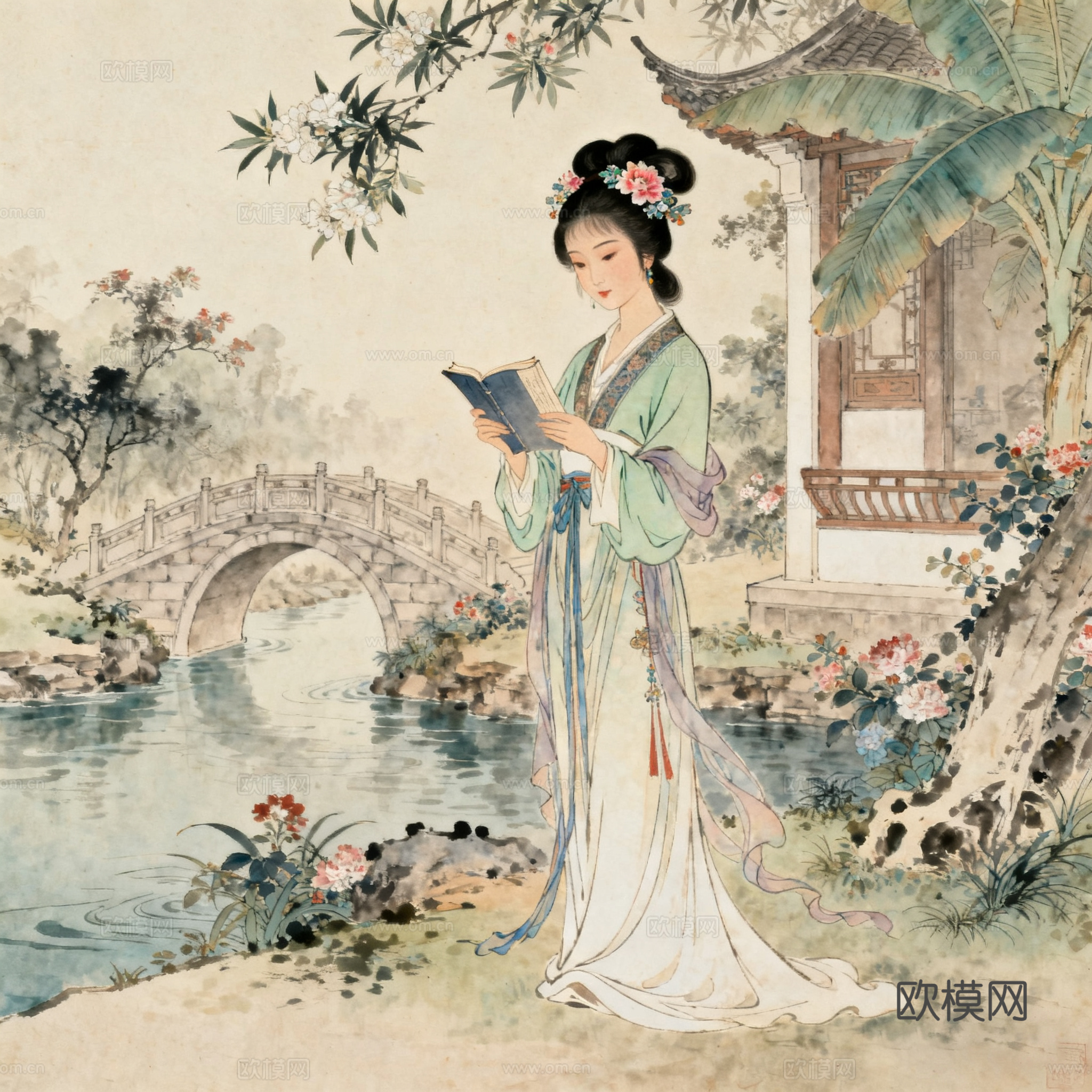 唐伯虎风格仕女图 中式字画