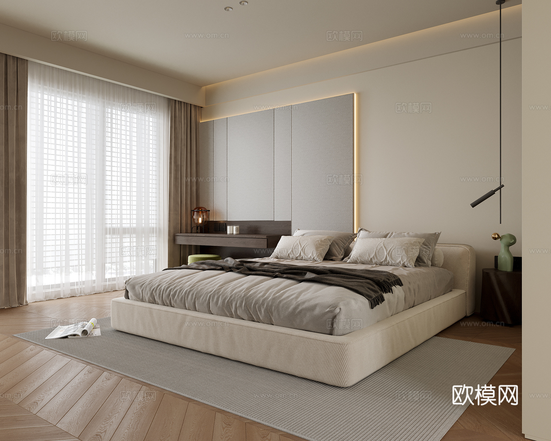 现代卧室 双人床 梳妆台su模型