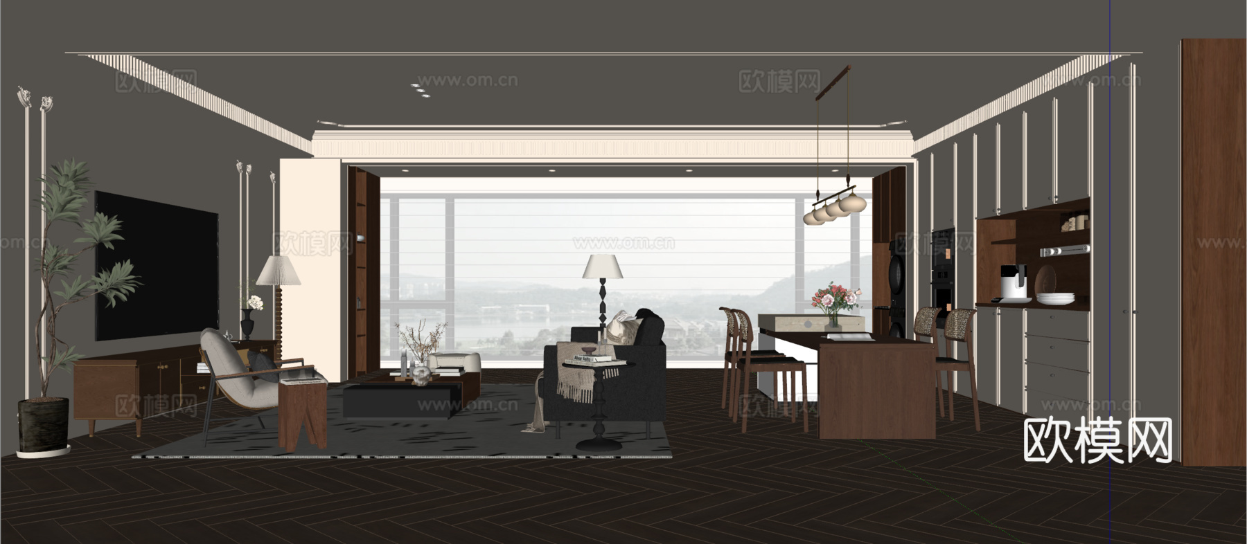 法式中古风客餐厅 沙发茶几 餐桌椅 电视背景墙 餐边柜su模型