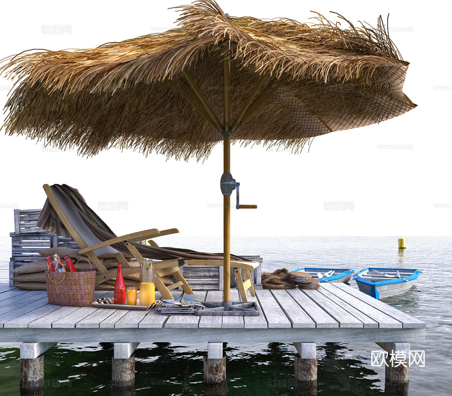 侘寂遮阳棚 木桥 躺椅 木船3d模型下载