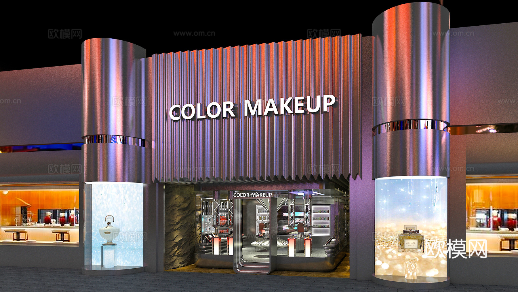 化妆品店美妆店科技金属彩妆店门头3d模型下载（渲染图1）