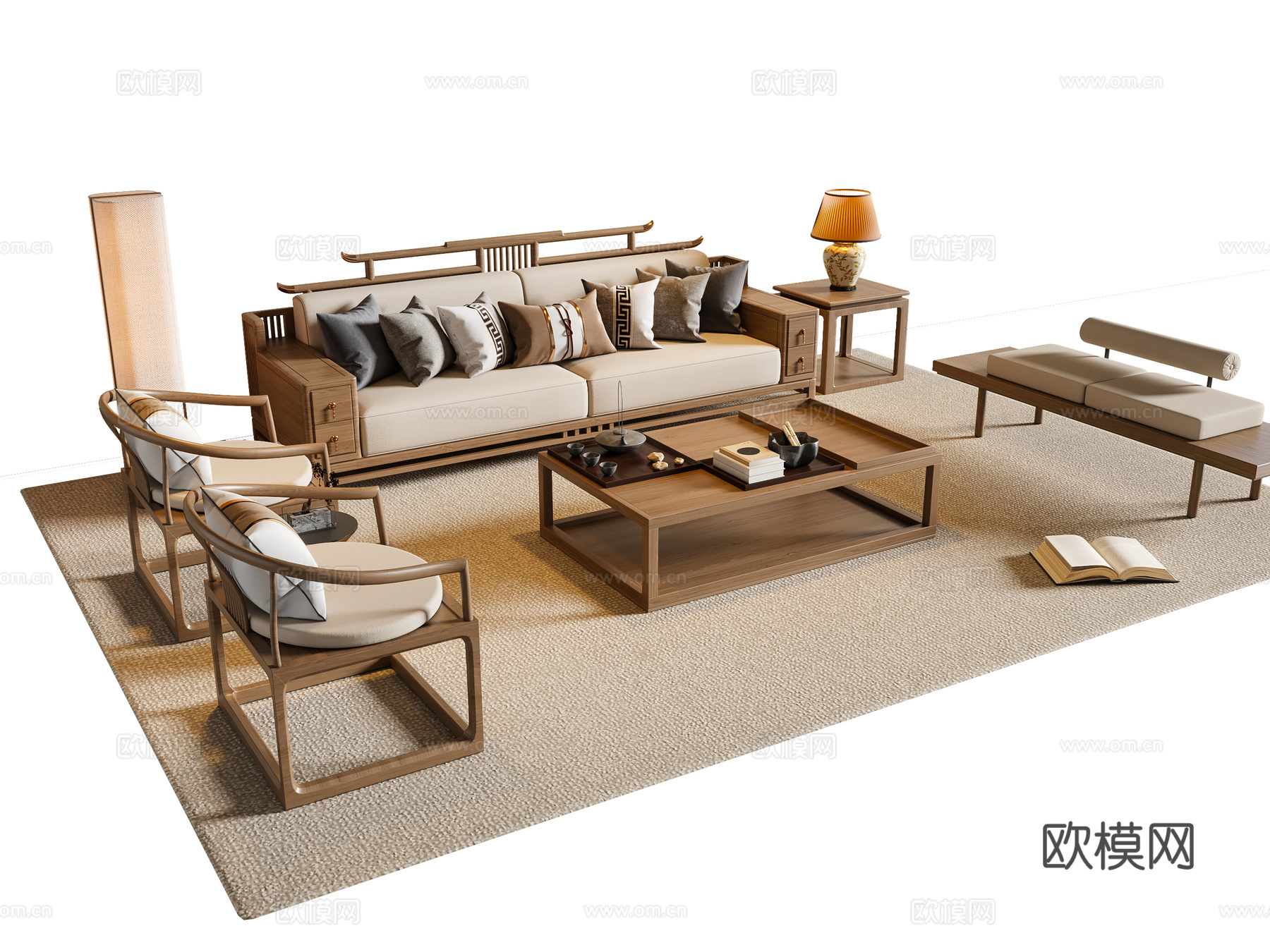 新中式宋式风沙发茶几组合 多人沙发 休闲椅 地毯3d模型下载