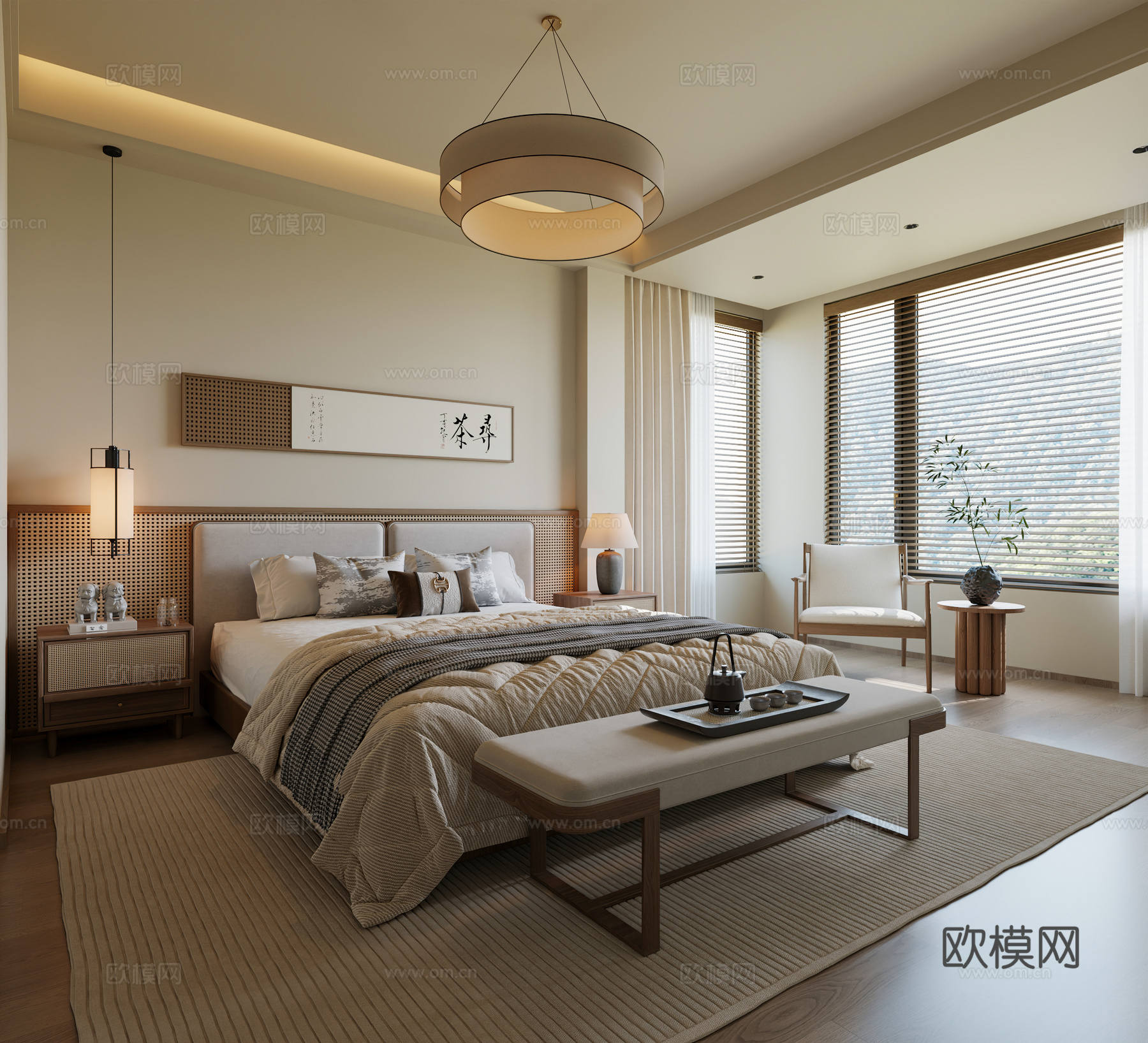 新中式卧室 宋氏卧室 中古风卧室 新中式家居卧室 新中式吊灯3d模型下载