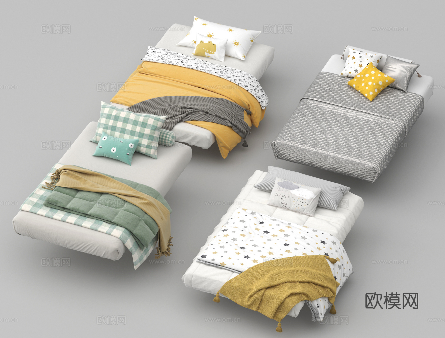 现代极简榻榻米床 厚床垫 床品 床具 单人床su模型